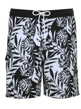 George Men's L Cargo E-Board Swim Trunks Black White Tropical Leaf 9" Inseam NWT